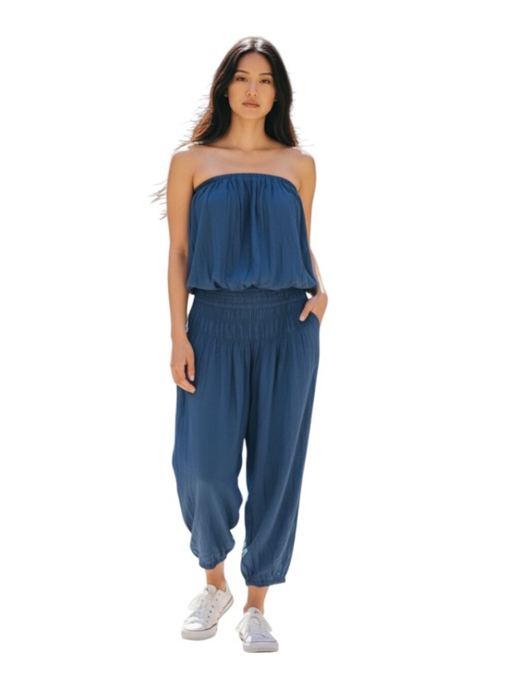 Revolve x INDAH Seychelle Greece Blue Viscose Jumpsuit
